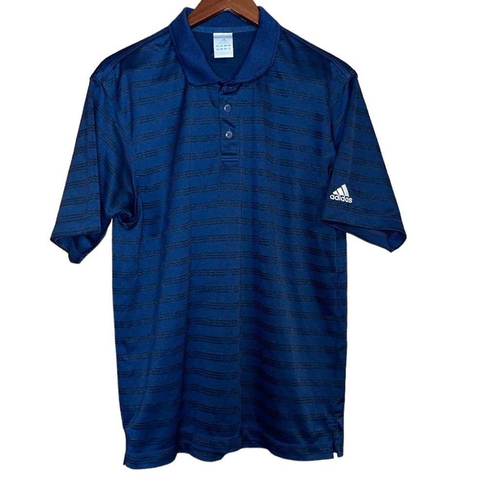 •ADIDAS•MENS NAVY & BLACK STRIPED POLO 3/BUTTON COLLARED CLIMALITE SHIRT MEDIUM